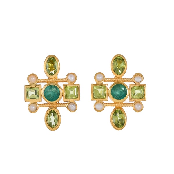 Emerald, Peridot & Pearl 14K Gold Vermeil Over Sterling Silver Earring