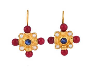 Blue Sapphire & Pink Onyx 14K Gold Vermeil Over Sterling Silver Boucle d’oreille