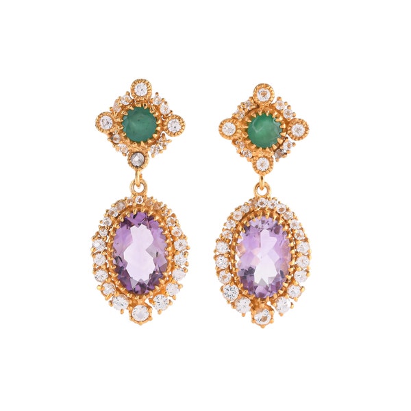 Emerald, Amethyst & White Topaz 14K Gold Vermeil Over Sterling Silver Earring