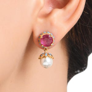 Ruby Turquoise Pearl Earrings | Gold Vermeil Sterling Silver Prong Set Halo Drop | July Birthstone