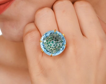 Blue Topaz Emerald Ring | Gold Vermeil Sterling Silver Prong Set Round December Birthstone