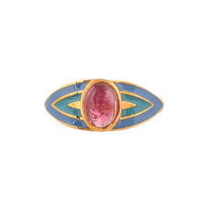 Pink Tourmaline Cabochon  14K Gold Vermeil Over Sterling Silver Art Deco Enameled Ring