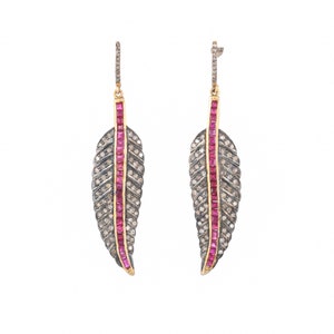 Diamond & Ruby 925 Oxidized Sterling Silver Leaf Earring