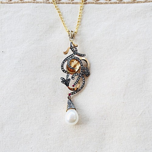 Diamond,Citrine,Ruby & shops Pearl Oxidized Sterling Silver Necklace
