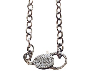 Diamond Clasp & 24 Inch Oxidized Sterling Silver Handmade Chain Necklace