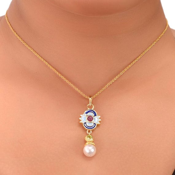 Collier Avec Perle De Culture, Péridot Et Rubis Racine - Bijou Occasion En Très Bon état