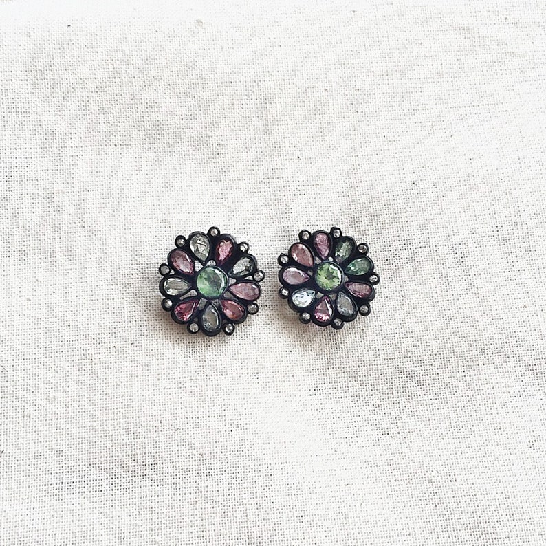 Multi Colored Tourmaline /& Diamond Oxidized Sterling Silver Stud Earring