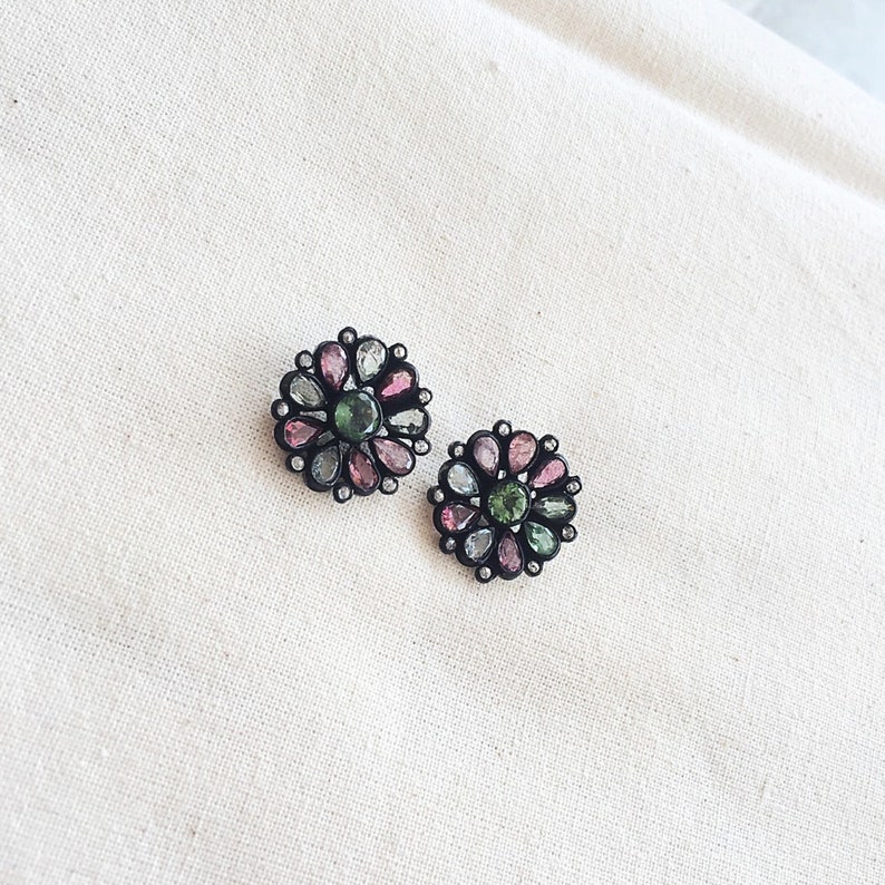 Multi Colored Tourmaline /& Diamond Oxidized Sterling Silver Stud Earring