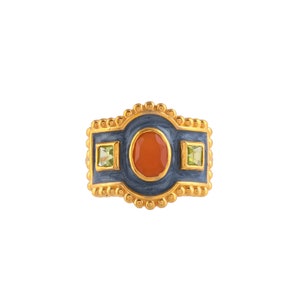 Carnelian & Peridot 14K Gold Vermeil Over Sterling Silver Art Deco Enameled Ring