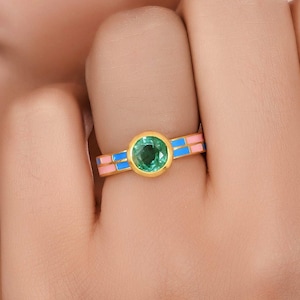 Emerald Enamel Ring | Gold Vermeil Sterling Silver Multi Color Block Bezel Set May Birthstone