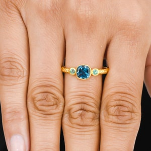 Blue London Topaz & Emerald Gold Vermeil Over Sterling Silver Ring