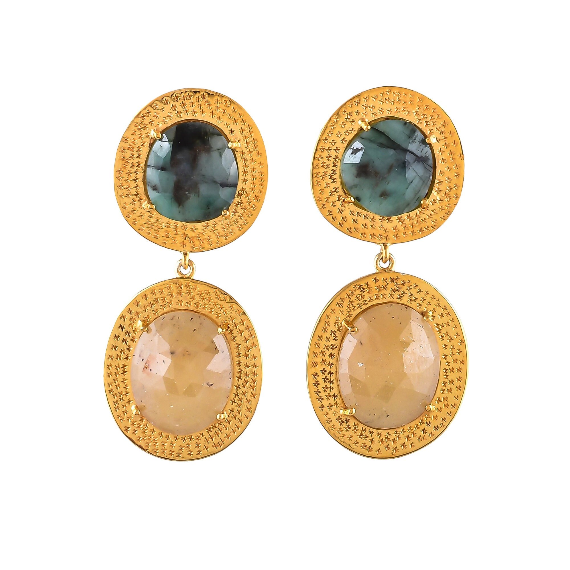 Emerald & Sapphire Slice Stones Gold Over Sterling Silver Earring