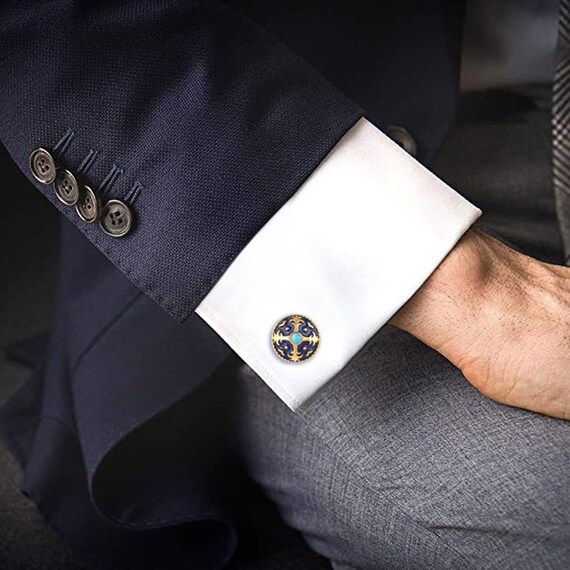 Paire De Boutons De Manchettes Plaqué Or Avec émail Bleu – Occasion Très Bon état