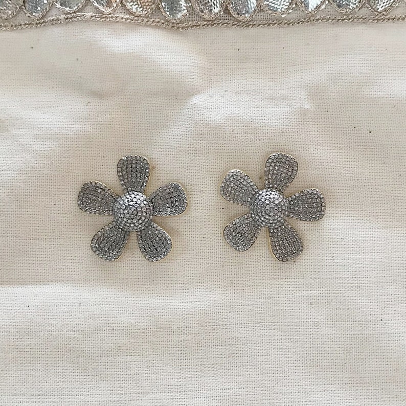 Diamond Sterling Silver Flower Stud Earring