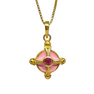 Pink Tourmaline 14K Gold Over Sterling Silver Enameled Celtic Cross Pendant