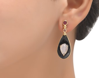 Moonstone & Ruby Gold Vermeil Over Sterling Silver Enameled Earring
