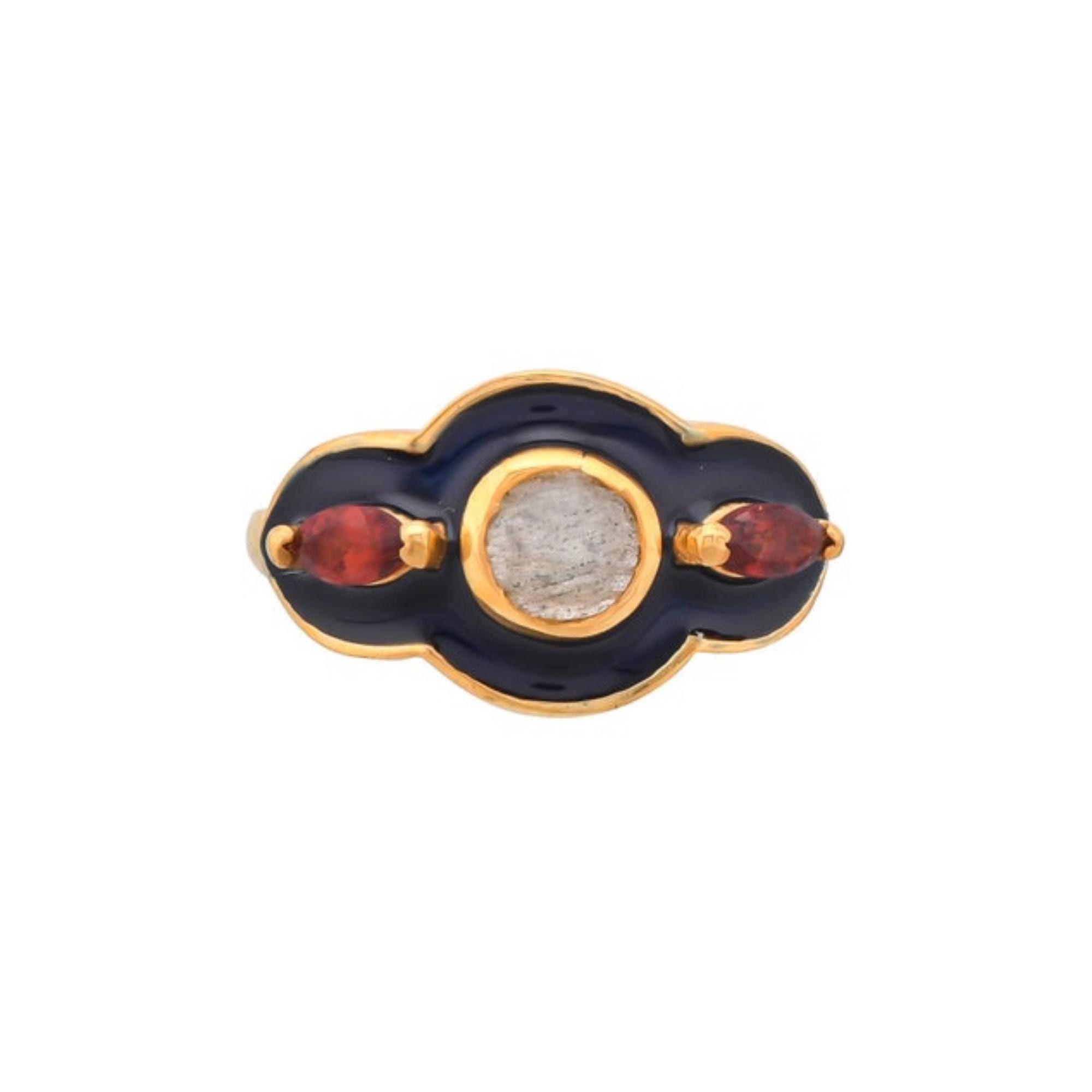 Labradorite & Garnet Gold Vermeil Over Sterling Silver Enameled Ring
