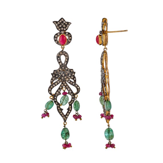 Diamond, Ruby, Emerald Beads Gold Vermeil Over St… - image 3