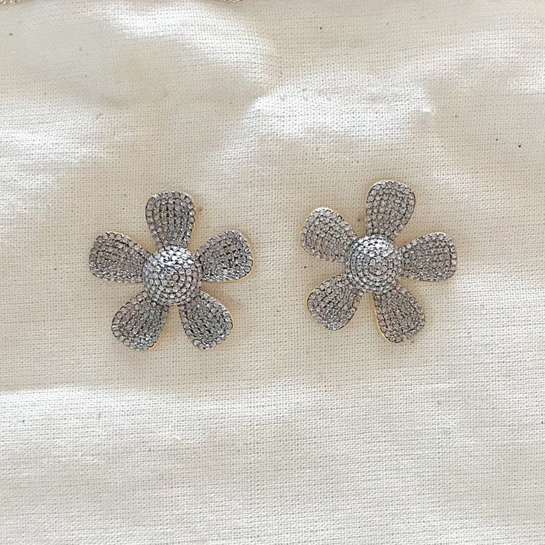 Diamond Sterling Silver Flower Stud Earring