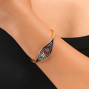 Ruby Enamel Bangle | Gold Plated Brass Scrollwork Bezel Set July Birthstone Gifts