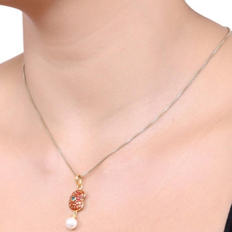 Emerald & Pearl Gold Over Brass Enameled Necklace Etsy