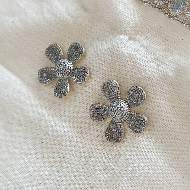 Diamond Sterling Silver Flower Stud Earring