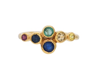 Anello in argento sterling con smeraldo, zaffiro e rubino in oro vermeil
