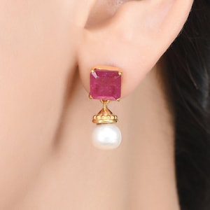 Ruby Pearl Drop Earrings | Gold Vermeil Sterling Silver Prong Set July Birthstone Gifts