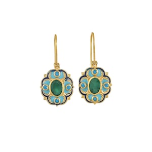 Emerald & Turquoise 14K Gold Vermeil Over Sterling Silver Art Deco Enameled Earring