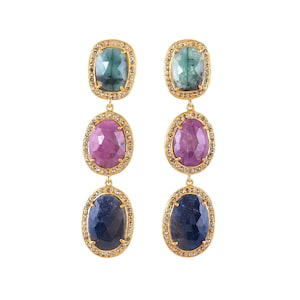 Diamond, Emerald Slice Stone & Wonder Sapphire 14K Gold Vermeil Over Sterling Silver Earring