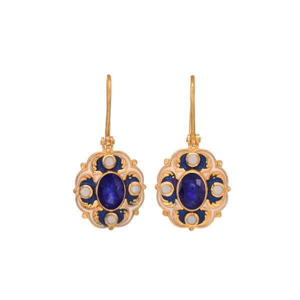 Emaille-Ohrring mit blauem Saphir und Perlen aus 14-karätigem Gold-Vermeil und Sterlingsilber