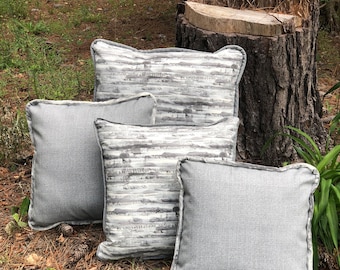 Gray Striped Outdoor Pillow with Trim, Patio Decor