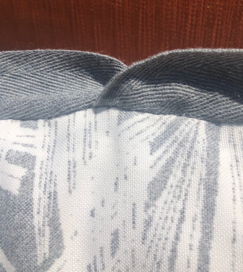 Pu&ograve; includere: Primo piano di un tessuto grigio con un motivo bianco. Il tessuto ha un bordo piegato.
