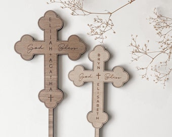 Personalized Cross Cake Topper | Baptism | Wooden Engraved Cross | First Communion | Memorial Marker | Celebration Of Life | Religious Gift