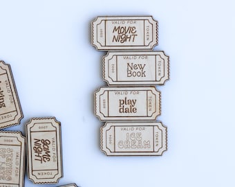 Laser Engraved Wooden Reward Tokens | Kids' Activity Tickets, Set of 12 | Experience Gifts