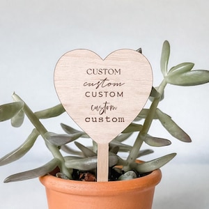 May include: A terracotta pot holds a succulent plant with a wooden heart-shaped plant marker. The marker has the word "CUSTOM" engraved multiple times. The plant has green and purple leaves.