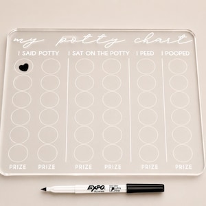 May include: Clear acrylic potty chart with white lettering that reads "my potty chart". The chart has columns for tracking potty-related activities and a space for a heart-shaped sticker. An Expo dry-erase marker is included.