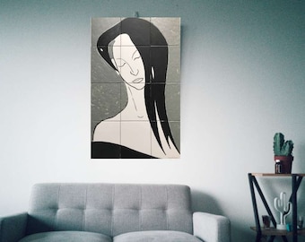 Wall Tile Mural Portrait of woman, Secret, Hand Painted Ceramic Panel, Decorative Art Tile Picture, Gift For New Home, Colorful Wall Art