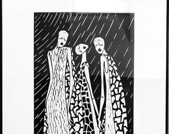 The mourners -artistic graphics print signed art work art wall handprinted on paper, linocut technique, housewarming gift, gravure printnt