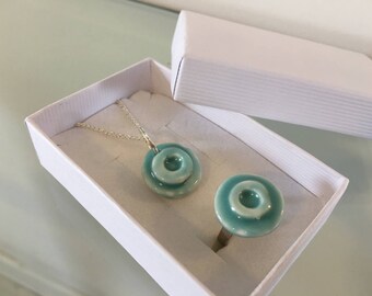 Blue lagoon - unjusual set of pendant and ring- elegant porcelain necklace pendants porcelain jewelry modern unique gift