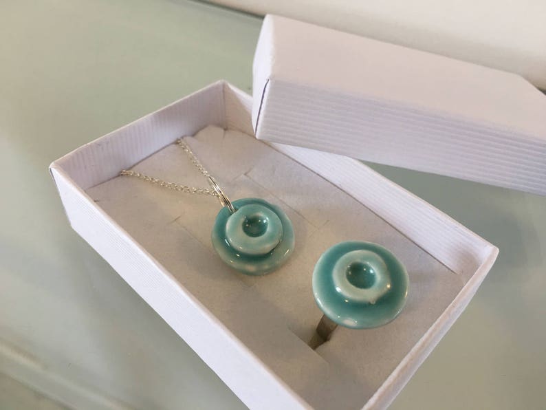 Blue lagoon unjusual set of pendant and ring elegant porcelain necklace pendants porcelain jewelry modern unique gift image 1