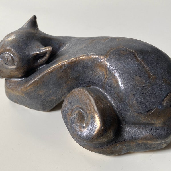 Ceramic cat figurine - like bronze, beautiful ceramic lovely small sculpture, very decorative, handmade, signed art work,, housewarming gift