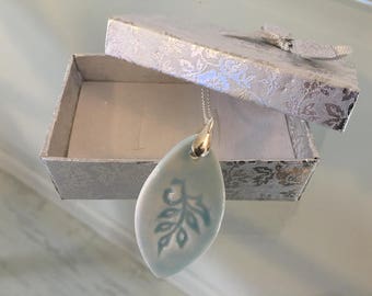 Pale blue sprig - subtle interesting porcelain pendant, silver chain, elegant necklace porcelain jewelry, oryginal shape, modern unique gift