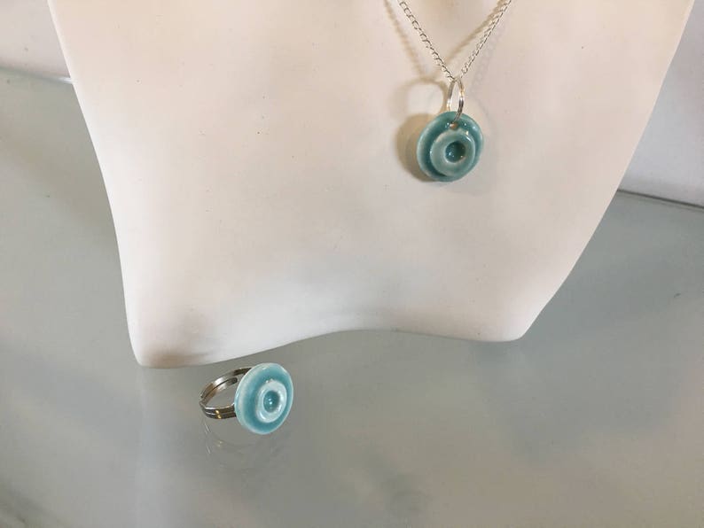Blue lagoon unjusual set of pendant and ring elegant porcelain necklace pendants porcelain jewelry modern unique gift image 2