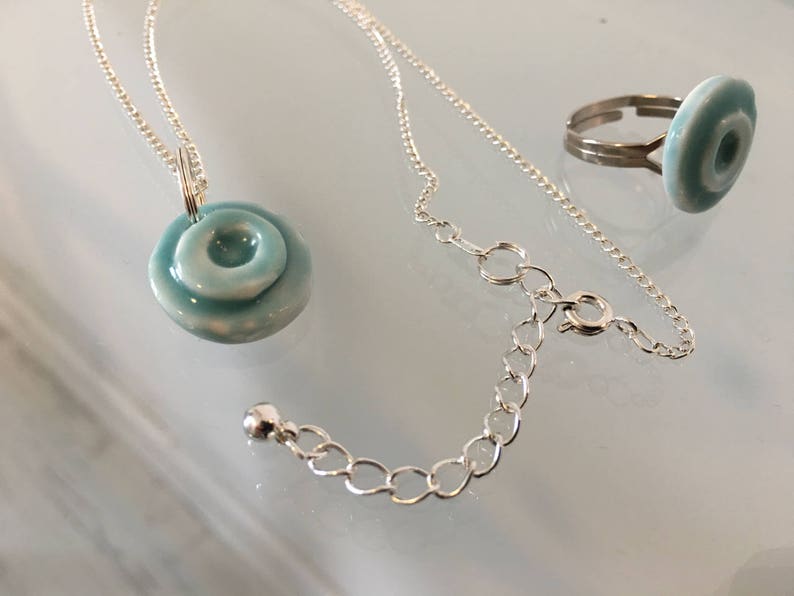 Blue lagoon unjusual set of pendant and ring elegant porcelain necklace pendants porcelain jewelry modern unique gift image 4