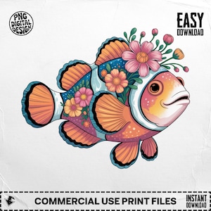 Clownfish Png, Floral Clownfish Clipart, Fish Png, Cute Fish, Flower Crown Fish, Sublimation Png, Digital Download PNG