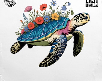 Floral Turtle PNG: Boho Sublimation Clipart (Digital Download, 4096x4096px)