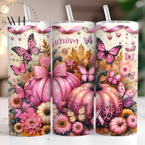 Pink Pumpkin Ribbon Awareness Breast Cancer Survivor Tumbler Wrap 20 oz Skinny Tumbler Sublimation Design Digital Download PNG Instant