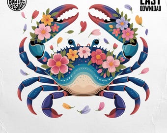 Floral Crab PNG, Beach Clipart, Summer Sublimation (Digital Download)