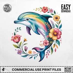 Dolphin PNG, Floral Dolphin Clipart, Dolphin Digital Download PNG, Watercolor Dolphin, Flower Wreath, Ocean Png, Sublimation Png